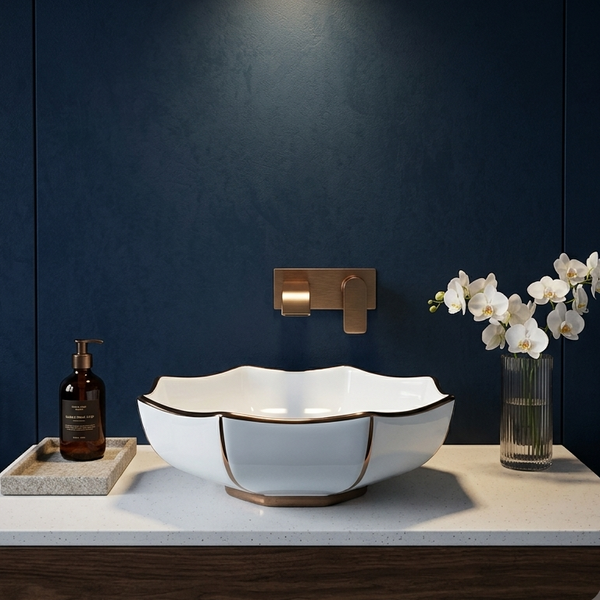 White Ceramic Table Top Wash Basin with Gold Trim – Glossy Flower-Shaped Designer Countertop Basin for Modern Bathrooms | 15x15x5.5 Inch