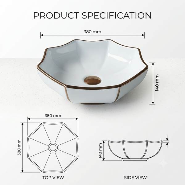 White Ceramic Table Top Wash Basin with Gold Trim – Glossy Flower-Shaped Designer Countertop Basin for Modern Bathrooms | 15x15x5.5 Inch