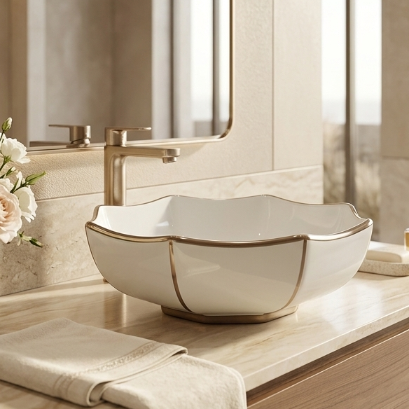 White Ceramic Table Top Wash Basin with Gold Trim – Glossy Flower-Shaped Designer Countertop Basin for Modern Bathrooms | 15x15x5.5 Inch