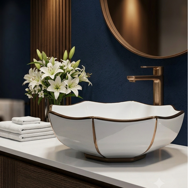 White Ceramic Table Top Wash Basin with Gold Trim – Glossy Flower-Shaped Designer Countertop Basin for Modern Bathrooms | 15x15x5.5 Inch