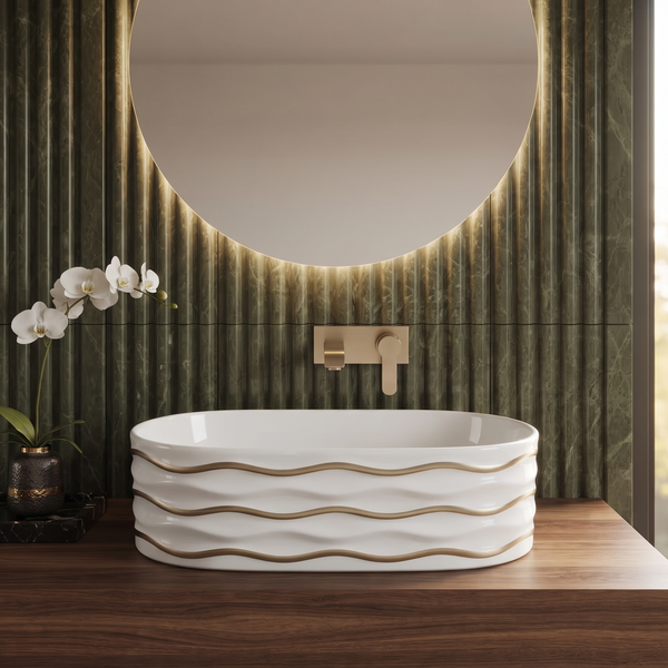 White Ceramic Table Top Wash Basin with Gold Wave Design – Glossy Oval Designer Countertop Basin for Modern Bathrooms | 20x12x6 Inch