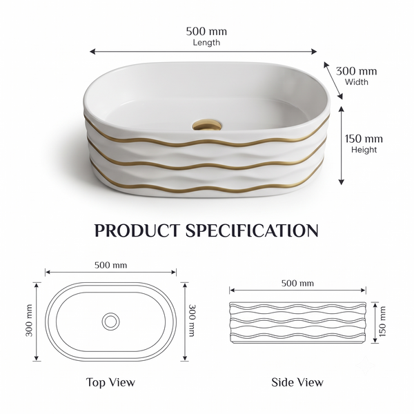 White Ceramic Table Top Wash Basin with Gold Wave Design – Glossy Oval Designer Countertop Basin for Modern Bathrooms | 20x12x6 Inch