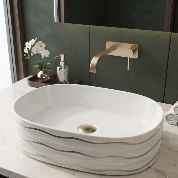 White Ceramic Table Top Wash Basin with Gold Wave Design – Glossy Oval Designer Countertop Basin for Modern Bathrooms | 20x12x6 Inch