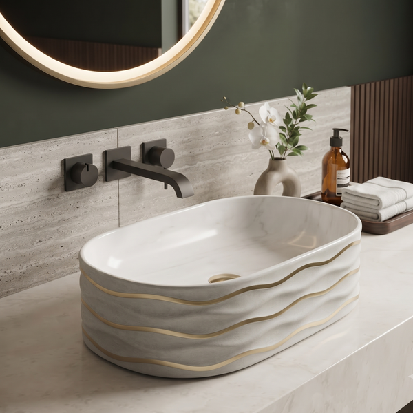 White Ceramic Table Top Wash Basin with Gold Wave Design – Glossy Oval Designer Countertop Basin for Modern Bathrooms | 20x12x6 Inch
