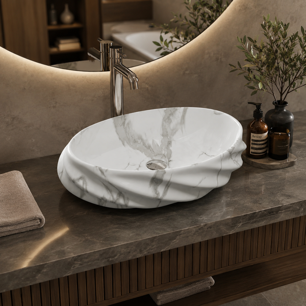 White Matte Ceramic Oval Countertop Wash Basin – (21" × 13" × 6" IN)