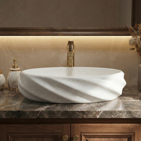 Terrazzo Matt Oval Countertop contemporary Wash Basin (21″ × 13″ × 6″ IN) White