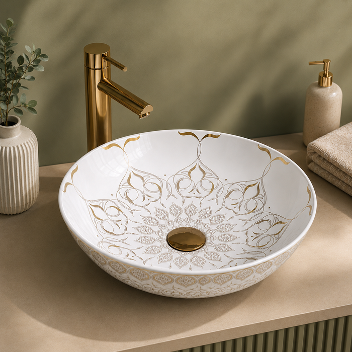 White and Gold moroccan design table top wash basin 