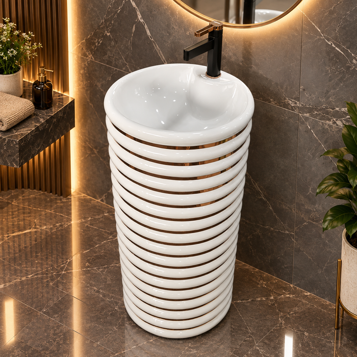 White and gold ceramic pedestal wash basin with glossy finish, sculpted cylindrical design and 440 × 440 × 820 mm size for modern luxury bathrooms.
