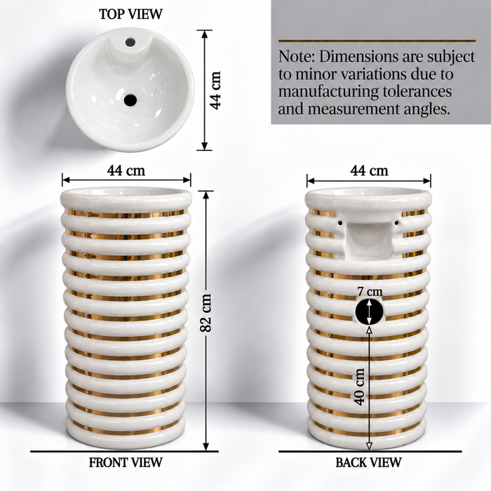 White and gold ceramic pedestal wash basin with glossy finish, sculpted cylindrical design and 440 × 440 × 820 mm size for modern luxury bathrooms.