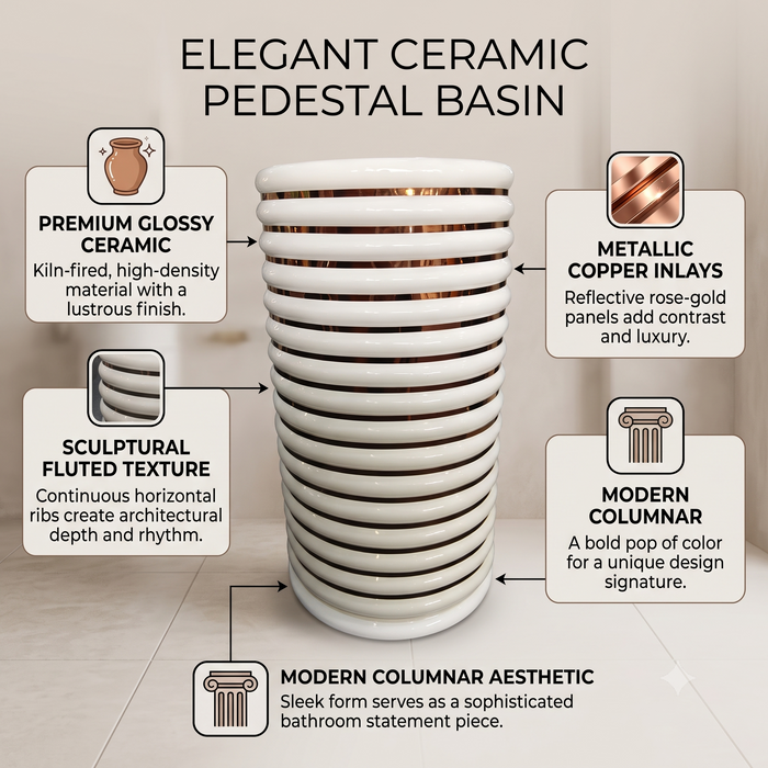 White and gold ceramic pedestal wash basin with glossy finish, sculpted cylindrical design and 440 × 440 × 820 mm size for modern luxury bathrooms.