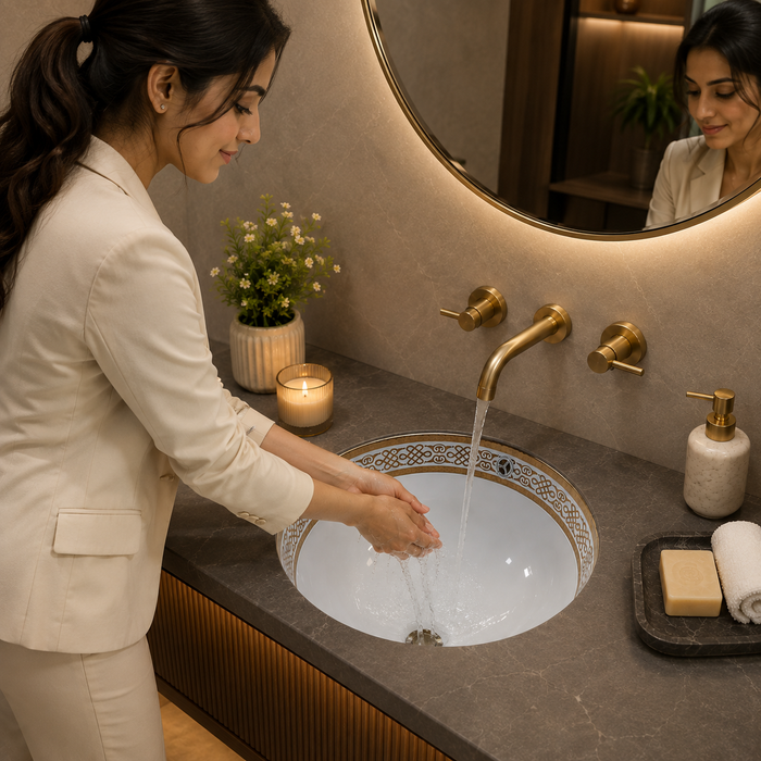 White and gold designer ceramic under counter wash basin with glossy finish, 490 × 400 × 200 mm oval undermount bathroom basin with decorative gold border pattern.