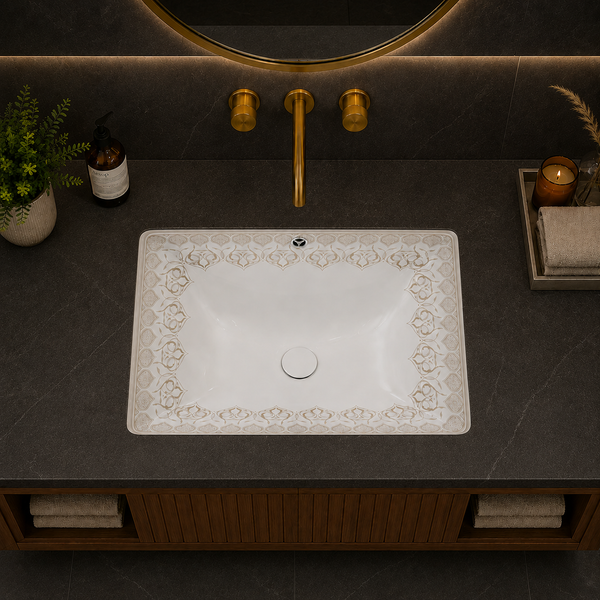 White & Gold Designer Ceramic Under Counter Wash Basin – 21 × 15 × 8 Inch | Glossy Rectangular Basin