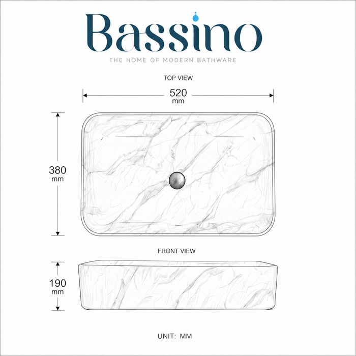 White and gold designer ceramic under counter wash basin with glossy finish, 520 × 380 × 190 mm rectangular undermount bathroom basin with decorative gold pattern.