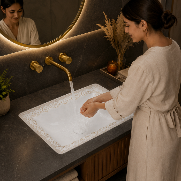 White and gold designer ceramic under counter wash basin with glossy finish, 520 × 380 × 190 mm rectangular undermount bathroom basin with decorative gold pattern.