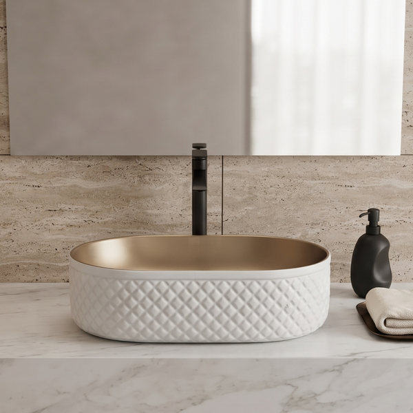 White & Gold Oval Table Top Wash Basin with Diamond Texture – 20 × 15 × 6 Inch