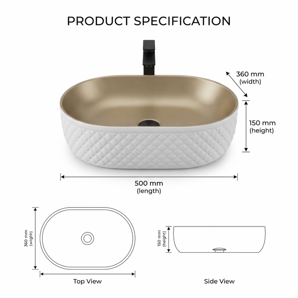 White & Gold Oval Table Top Wash Basin with Diamond Texture – 20 × 15 × 6 Inch