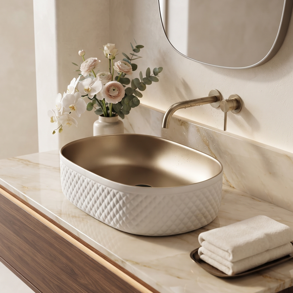 White & Gold Oval Table Top Wash Basin with Diamond Texture – 20 × 15 × 6 Inch