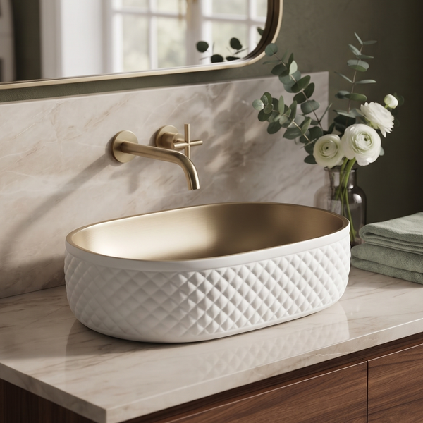 White & Gold Oval Table Top Wash Basin with Diamond Texture – 20 × 15 × 6 Inch