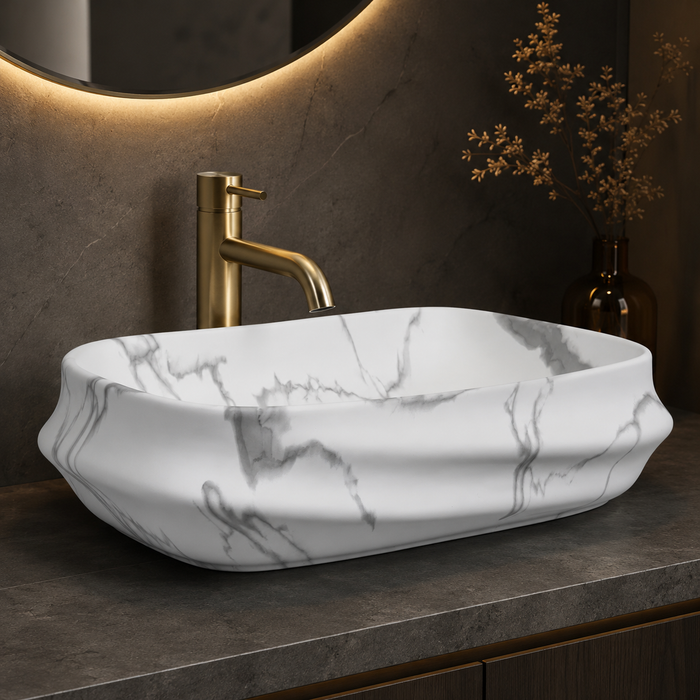White and grey marble pattern matte ceramic table top wash basin, 600x430x150 mm, with sculpted rectangular design for modern luxury bathrooms.