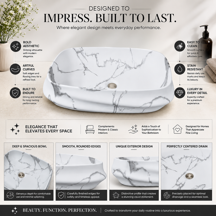 White and grey marble pattern matte ceramic table top wash basin, 600x430x150 mm, with sculpted rectangular design for modern luxury bathrooms.