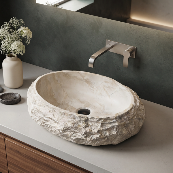 Beige Artificial Stone Oval Table Top Wash Basin – 24 × 16 × 6 Inch | Natural Rock Texture Luxury Countertop Basin