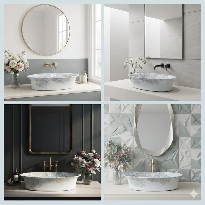 White floral design oval table top wash basin 580x370x150 mm featuring elegant grey botanical line art, glossy white appearance, scalloped curved rim and decorative floral patterns for luxury bathroom countertops.