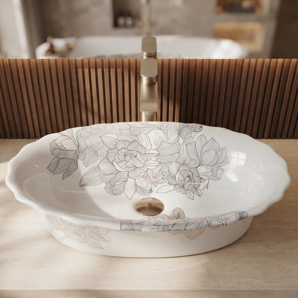 White Floral Design Oval Table Top Wash Basin – 23 × 14.5 × 6 Inch | Luxury Designer Countertop Basin
