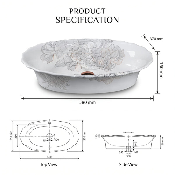 White Floral Design Oval Table Top Wash Basin – 23 × 14.5 × 6 Inch | Luxury Designer Countertop Basin