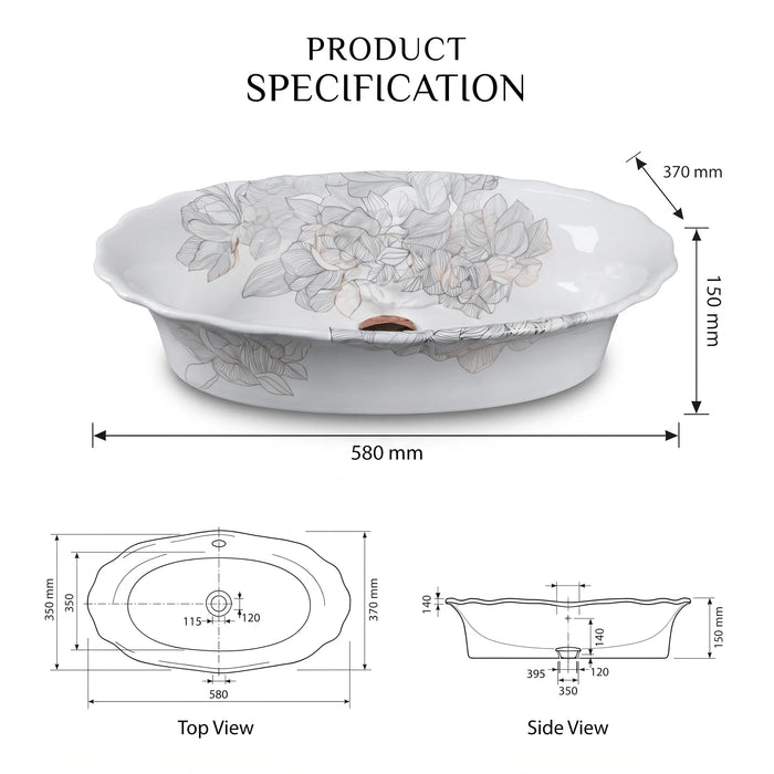 White floral design oval table top wash basin 580x370x150 mm featuring elegant grey botanical line art, glossy white appearance, scalloped curved rim and decorative floral patterns for luxury bathroom countertops.
