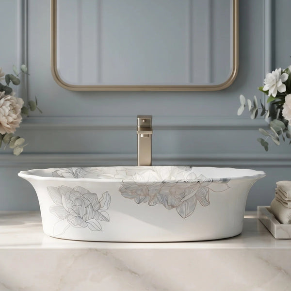 White Floral Design Oval Table Top Wash Basin – 23 × 14.5 × 6 Inch | Luxury Designer Countertop Basin