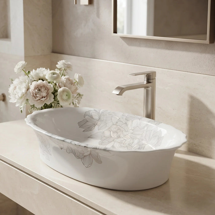 White floral design oval table top wash basin 580x370x150 mm featuring elegant grey botanical line art, glossy white appearance, scalloped curved rim and decorative floral patterns for luxury bathroom countertops.