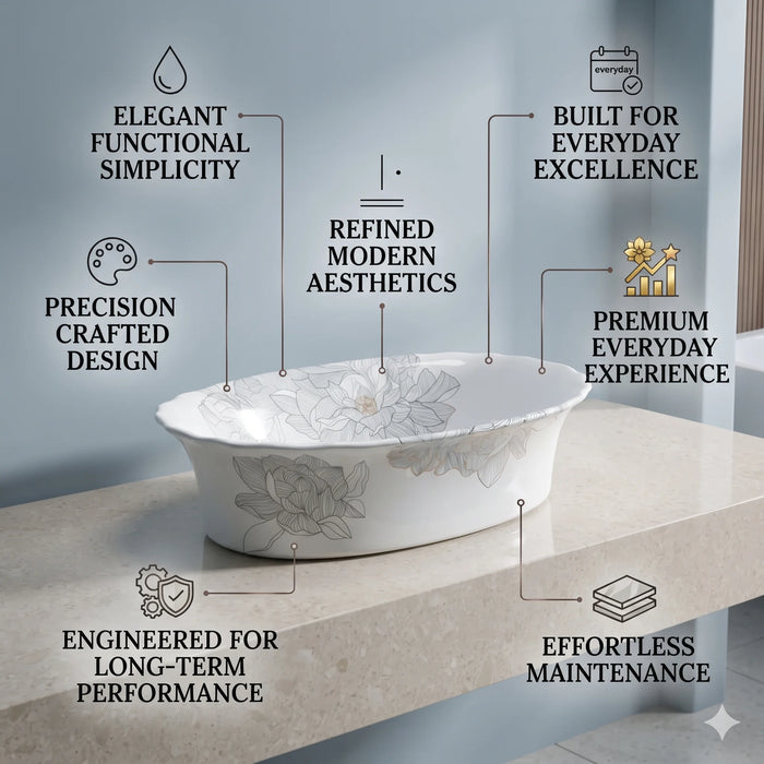 White floral design oval table top wash basin 580x370x150 mm featuring elegant grey botanical line art, glossy white appearance, scalloped curved rim and decorative floral patterns for luxury bathroom countertops.
