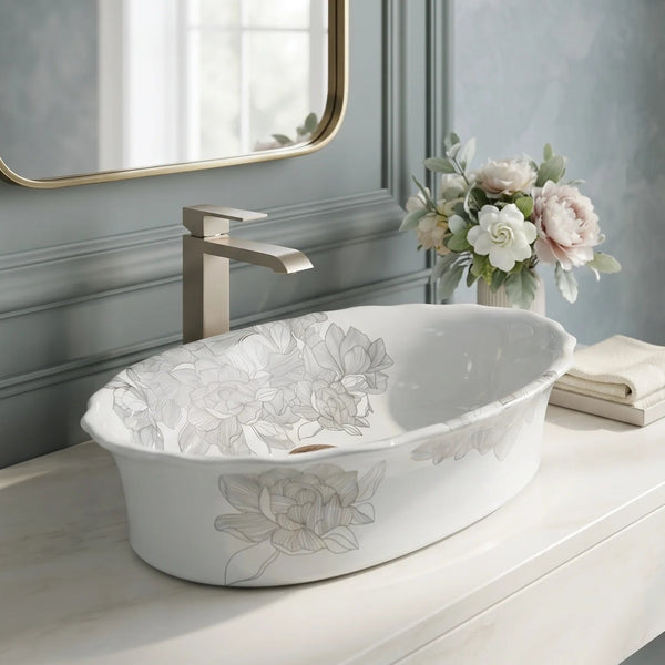 White Floral Design Oval Table Top Wash Basin – 23 × 14.5 × 6 Inch | Luxury Designer Countertop Basin