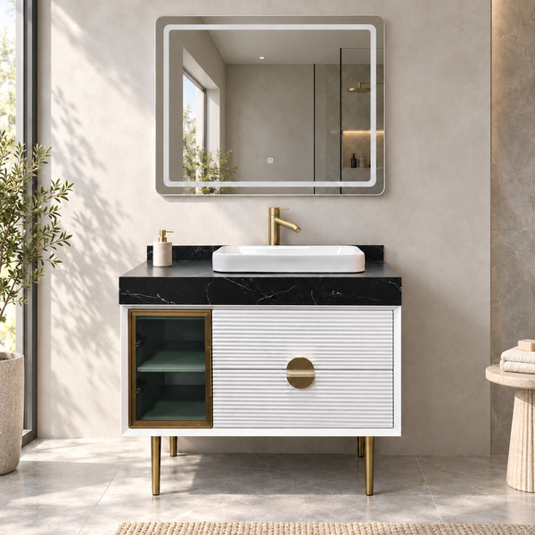 800mm White Freestanding Bathroom Vanity Set with Wash Basin, Mirror & Ribbed Storage Cabinet
