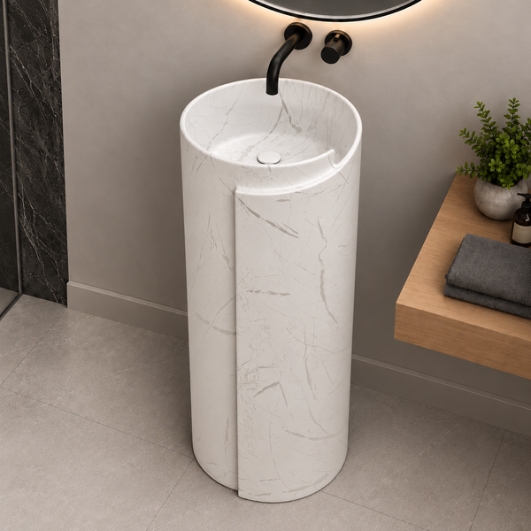 Round Freestanding Pedestal Wash Basin – 16×16×34 Inch White Marble Pattern