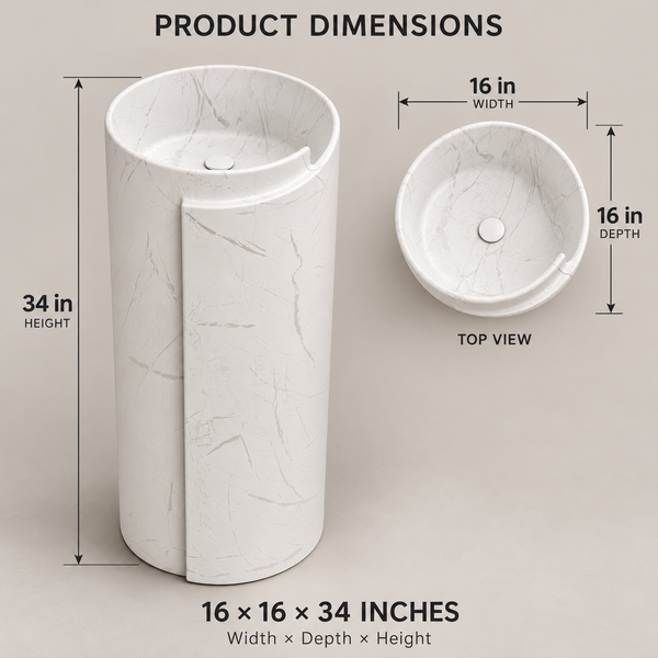 Round Freestanding Pedestal Wash Basin – 16×16×34 Inch White Marble Pattern