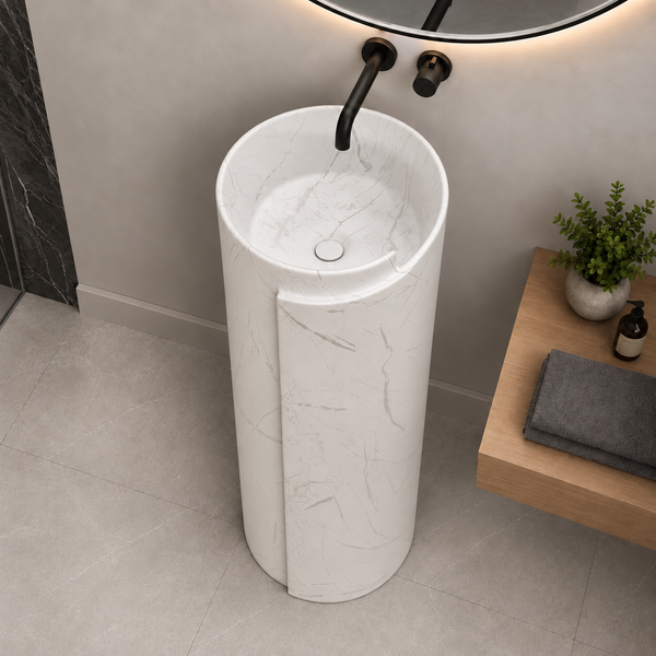 Round Freestanding Pedestal Wash Basin – 16×16×34 Inch White Marble Pattern