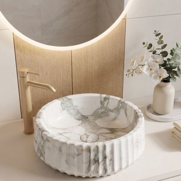 White Marble Design Ceramic Table Top Wash Basin – 15× 15× 5.4 Inch | Matte Countertop Basin