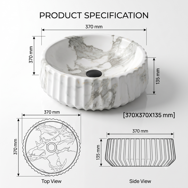 White Marble Design Ceramic Table Top Wash Basin – 15× 15× 5.4 Inch | Matte Countertop Basin