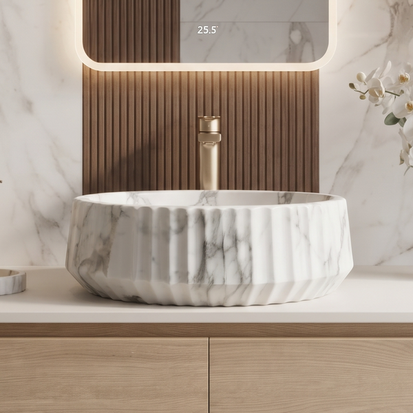 White Marble Design Ceramic Table Top Wash Basin – 15× 15× 5.4 Inch | Matte Countertop Basin