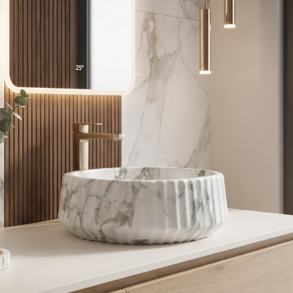 White Marble Design Ceramic Table Top Wash Basin – 15× 15× 5.4 Inch | Matte Countertop Basin