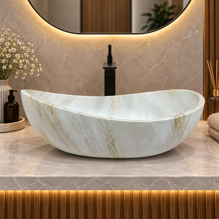 White marble finish artificial stone table top wash basin, 600×380×200 mm, matte oval countertop sink for modern luxury bathrooms.