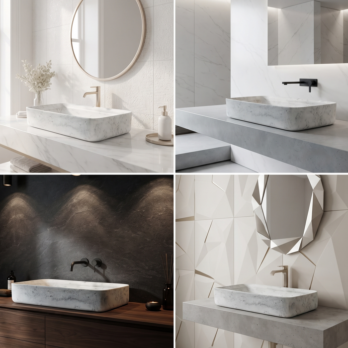 White marble finish rectangular table top wash basin with elegant grey veining, softly rounded corners and 29.5 inch countertop design for modern luxury bathrooms.