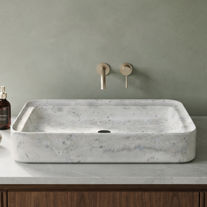White marble finish rectangular table top wash basin with elegant grey veining, softly rounded corners and 29.5 inch countertop design for modern luxury bathrooms.