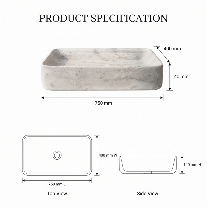 White marble finish rectangular table top wash basin with elegant grey veining, softly rounded corners and 29.5 inch countertop design for modern luxury bathrooms.
