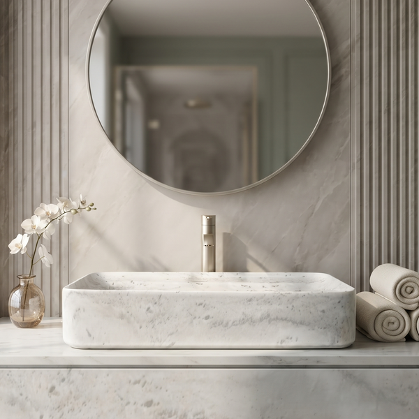 White Marble Finish Rectangular Table Top Wash Basin – 30 × 16 × 5.5 Inch