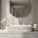 White marble finish rectangular table top wash basin with elegant grey veining, softly rounded corners and 29.5 inch countertop design for modern luxury bathrooms.
