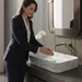 White marble finish rectangular table top wash basin with elegant grey veining, softly rounded corners and 29.5 inch countertop design for modern luxury bathrooms.