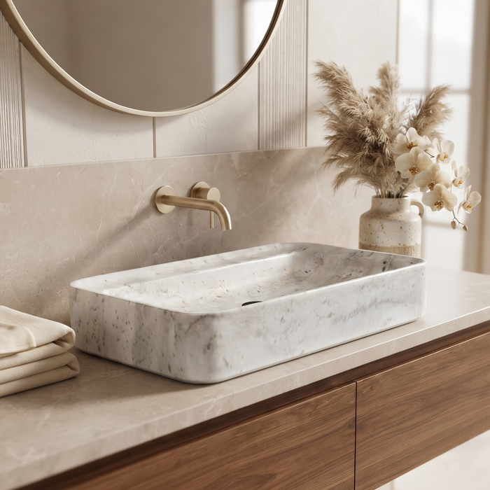 White marble finish rectangular table top wash basin with elegant grey veining, softly rounded corners and 29.5 inch countertop design for modern luxury bathrooms.