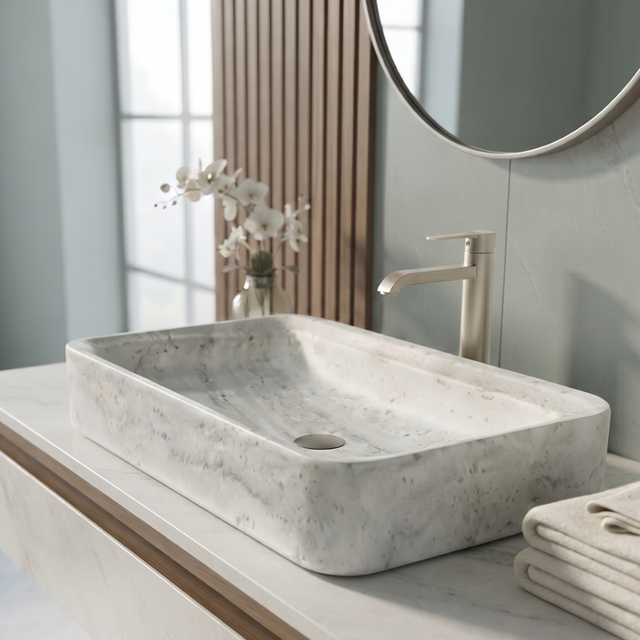 White marble finish rectangular table top wash basin with elegant grey veining, softly rounded corners and 29.5 inch countertop design for modern luxury bathrooms.